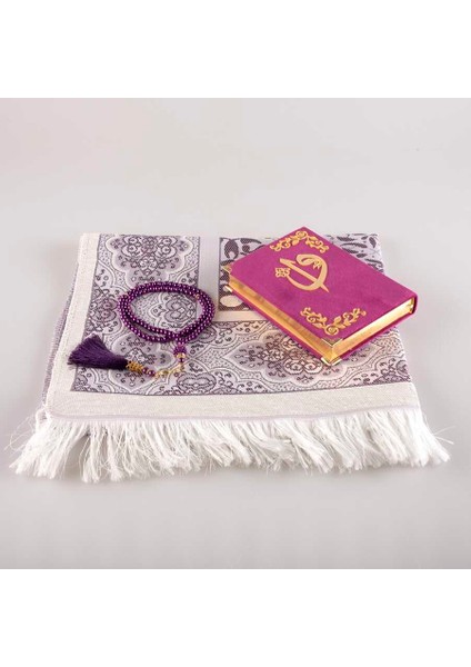 Seccade + Tesbih + Kuran Hediye Seti (Çanta Boy, Kadife, Mor) fiyatları