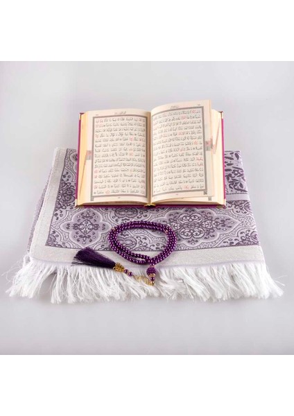 Seccade + Tesbih + Kuran Hediye Seti (Çanta Boy, Kadife, Mor) modelleri