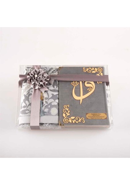 Seccade + Tesbih + Kuran Hediye Seti (Çanta Boy, Kadife, Gri)