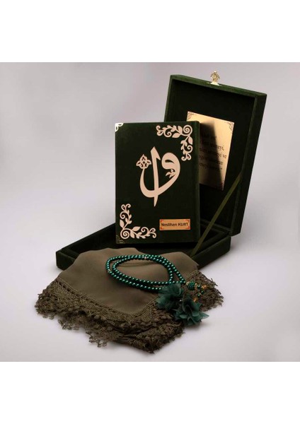 Şal + Tesbih + Kuran Hediye Set (Rahle Boy, Plaket Kutulu, Yeşil)