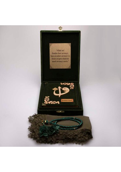 Şal + Tesbih + Kuran Hediye Set (Rahle Boy, Plaket Kutulu, Yeşil) fiyatları