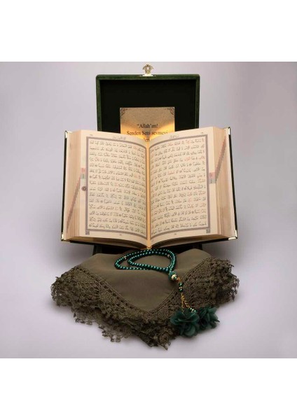 Şal + Tesbih + Kuran Hediye Set (Rahle Boy, Plaket Kutulu, Yeşil) fırsatları