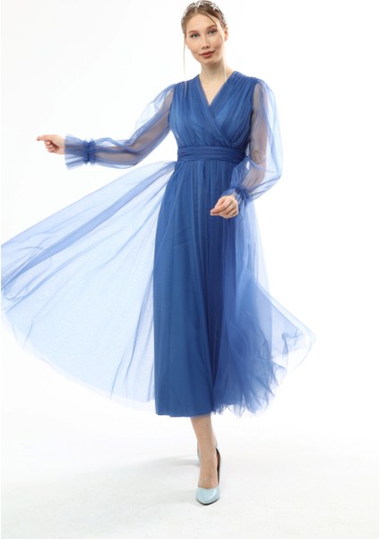 Önü Kruvaze Uzun Kol Tül Abiye Elbise