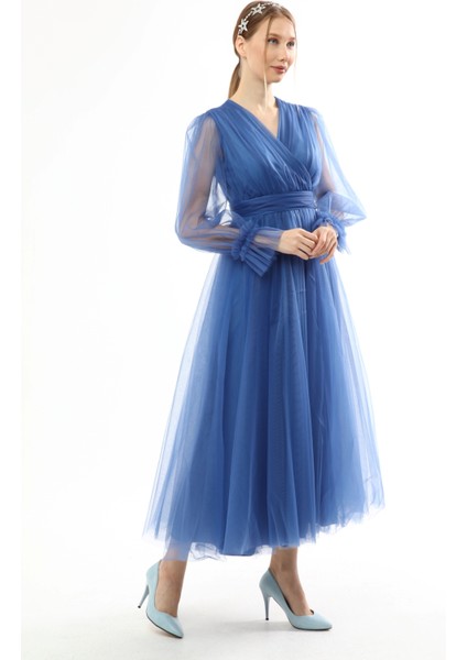 Önü Kruvaze Uzun Kol Tül Abiye Elbise fiyatları