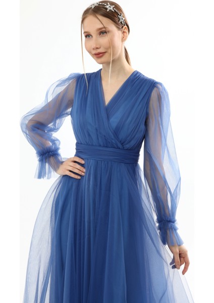 Önü Kruvaze Uzun Kol Tül Abiye Elbise modelleri