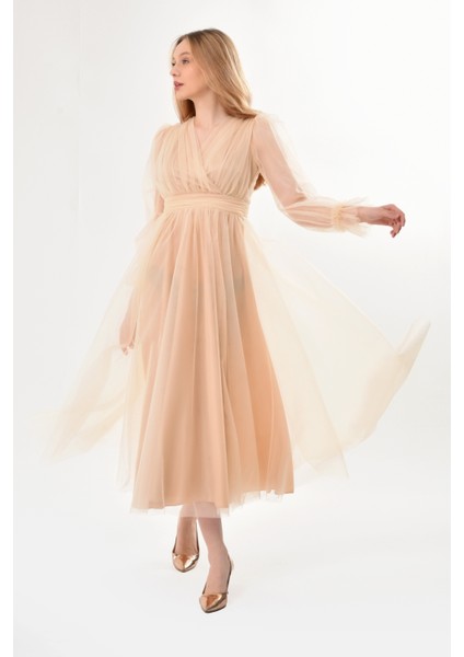 Önü Kruvaze Uzun Kol Tül Abiye Elbise Trend Şıklıkta Kadınlar İçin Özel Günler