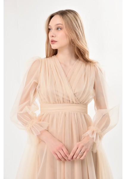 Önü Kruvaze Uzun Kol Tül Abiye Elbise Trend Şıklıkta Kadınlar İçin Özel Günler fiyatları