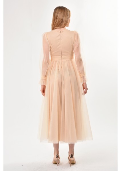 Önü Kruvaze Uzun Kol Tül Abiye Elbise Trend Şıklıkta Kadınlar İçin Özel Günler fırsatları