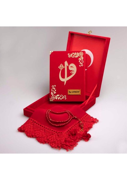 Şal + Tesbih + Kuran Hediye Set (Rahle B, Plaket Kutulu, Kırmızı)
