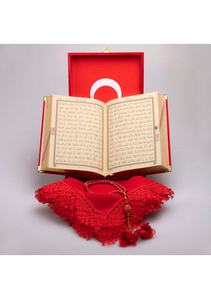 Şal + Tesbih + Kuran Hediye Set (Rahle B, Plaket Kutulu, Kırmızı) fırsatları