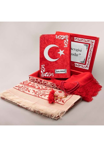 Şal+Seccade+Tesbih+Ayyıldız Kuran Set (Orta, Kırmzı, Gümüş Plksi)