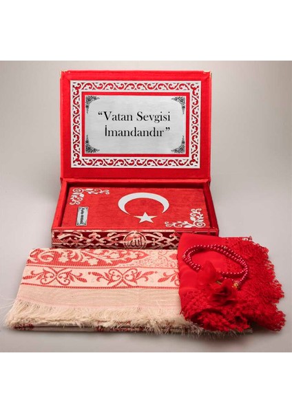 Şal+Seccade+Tesbih+Ayyıldız Kuran Set (Orta, Kırmzı, Gümüş Plksi) modelleri