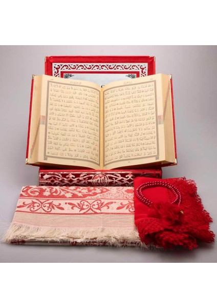 Şal+Seccade+Tesbih+Ayyıldız Kuran Set (Orta, Kırmzı, Gümüş Plksi) fırsatları