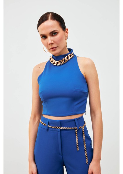 Zincir Aksesuarlı Crop Bluz - Sax Mavi fiyatları
