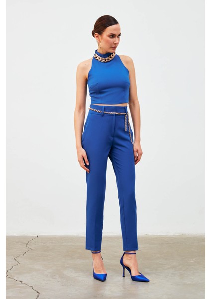 Zincir Aksesuarlı Crop Bluz - Sax Mavi modelleri