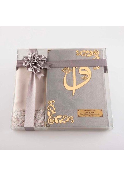 Şal + Tesbih + Kuran Hediye Seti (Hafız Boy, Kadife, Gri)