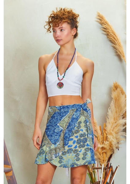 Sırtı Açık Boyundan Bağlamalı Kuplu Crop Bluz