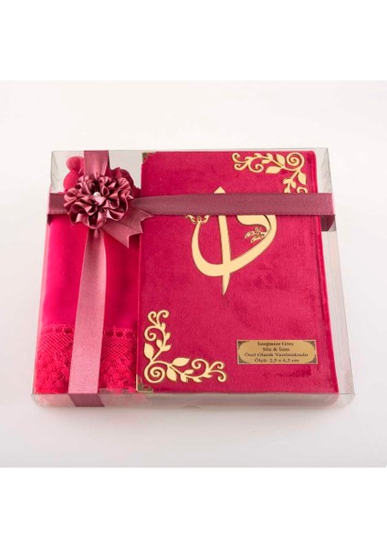 Şal + Tesbih + Kuran Hediye Seti (Orta Boy, Kadife, Fuşya Pembe)