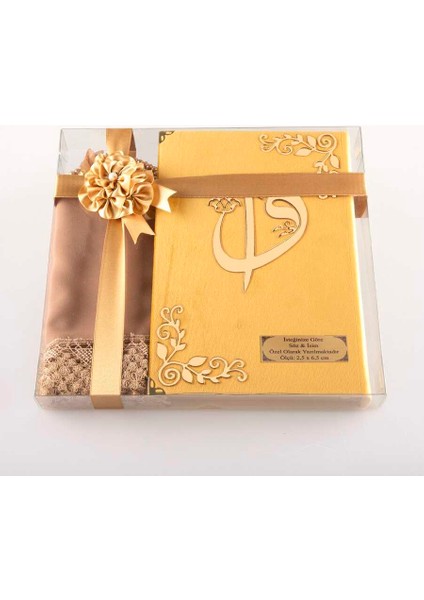 Şal + Tesbih + Kuran Hediye Seti (Orta Boy, Kadife, Gold)