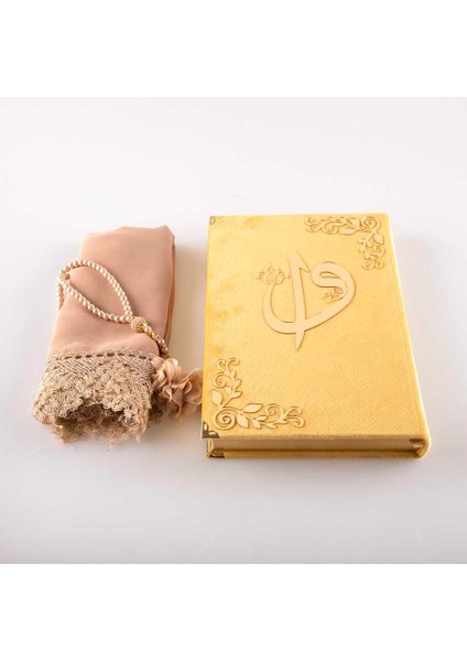 Şal + Tesbih + Kuran Hediye Seti (Orta Boy, Kadife, Gold) fiyatları