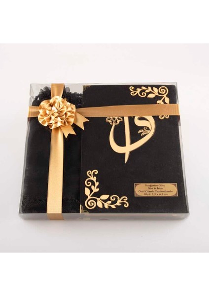 Şal + Tesbih + Kuran Hediye Seti (Çanta Boy, Kadife, Siyah)