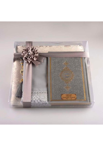 Şal + Seccade + Tesbih + Kuran Hediye Seti (Hafız Boy, Gri)