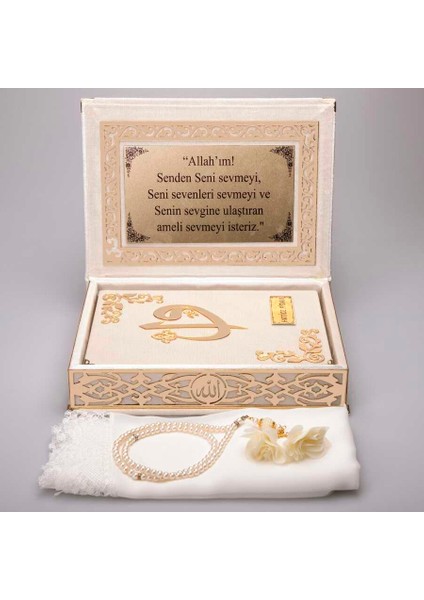 Şal + Tesbih + Kuran Hediye Seti (Orta Boy, Krem, Gold Pleksi) modelleri