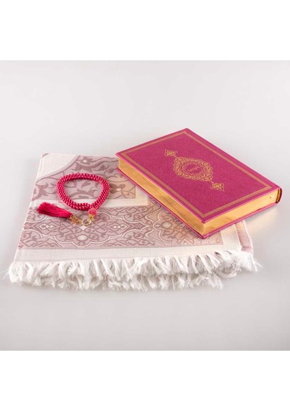 Seccade + Tesbih + Kuran Hediye Seti (Orta Boy, Fuşya Pembe)