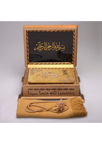 Şal + Tesbih + Kuran Hediye Seti (Hafız Boy, Ahşap Kutulu, Kadife, Gold) fiyatları