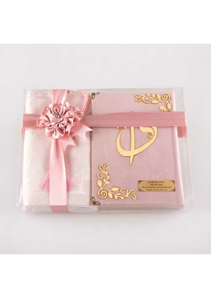 Seccade + Tesbih + Kuran Hediye Seti (Hafız Boy, Kadife, Pudra Pembe)