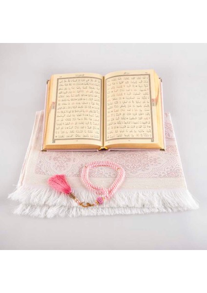 Seccade + Tesbih + Kuran Hediye Seti (Hafız Boy, Kadife, Pudra Pembe) modelleri