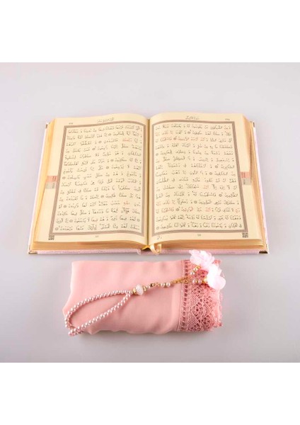 Şal + Tesbih + Kuran Hediye Seti (Çanta Boy, Kadife, Pudra Pembe) modelleri