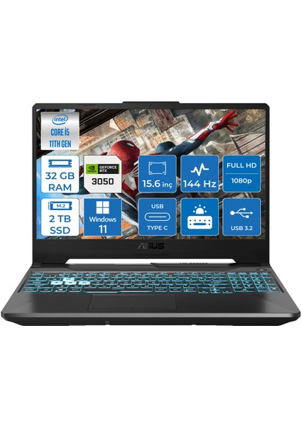 TUF Gaming F15 Intel Core i5 11400H 32GB 2TB SSD 4GB RTX3050 Windows 11 Home 15.6" FHD Taşınabilir Bilgisayar FX506HC-HN373026