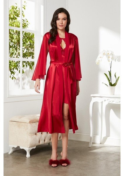 Kadın 4375 Saten Dantelli Gecelik ve Sabahlık Takımı Kırmızı fiyatları