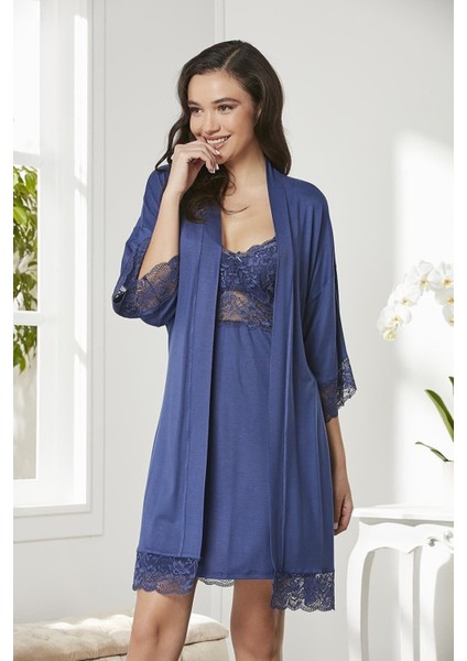 Kadın 4020 Penye Dantelli Gecelik & Sabahlık Takım Lacivert fiyatları