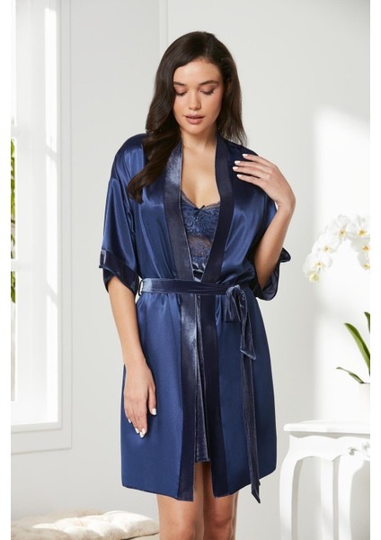 Kadife Saten Dantelli Gecelik ve Sabahlık Takımı - 4045