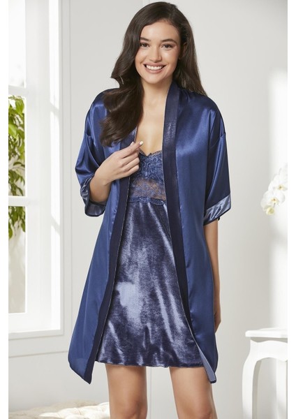 Kadife Saten Dantelli Gecelik ve Sabahlık Takımı - 4045 fiyatları