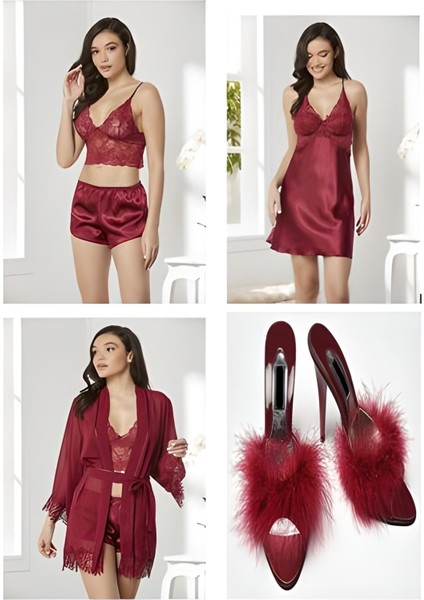 Saten - Şifon Dörtlü Çeyiz Seti - 7005 Yeni Model