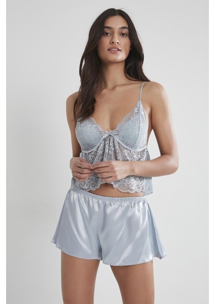 Kadın Saten Dantelli Pijama Şort Takım - 450 Mist