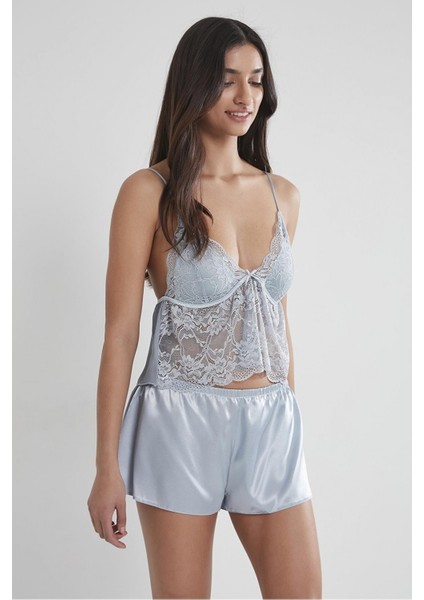 Kadın Saten Dantelli Pijama Şort Takım - 450 Mist fiyatları