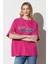 Oversize Fit Rahat Kesim %100 Pamuk Bisiklet Yaka Fuşya Tişört 2