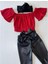 Kız Çocuk, Likralı Deri Fiyonk Detaylı Pantolon, Kırmızı Straplez Crop Bluz ve Saç Bandı Takımı. 5