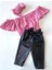 Kız Çocuk, Likralı Deri Fiyonk Detaylı Pantolon, Pembe Straplez Crop Bluz ve Saç Bandı Takımı. 4