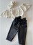 Kız Çocuk, Likralı Deri Fiyonk Detaylı Pantolon, Krem Straplez Crop Bluz ve Saç Bandı Takımı. 4