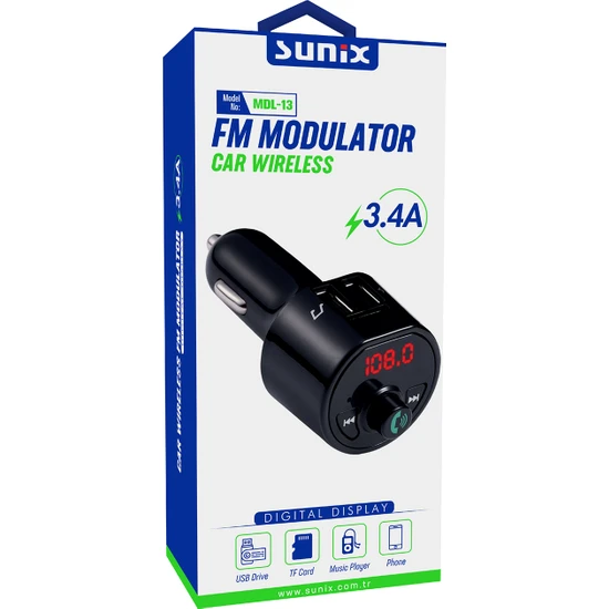 Sunix Mdl-13 Araç Çakmaklık Fm Bluetooth Transmitter Modülatörü 3.1A Hızlı Şarj