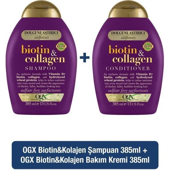 Ogx Dolgunlaştırıcı Sülfatsiz Şampuan Biotin Kolajen 0.385 lt + Ogx Dolgunlaştırıcı Biotin Collagen Sülfatsız Saç Bakim Kremi 0.385 Lt Hediyeli
