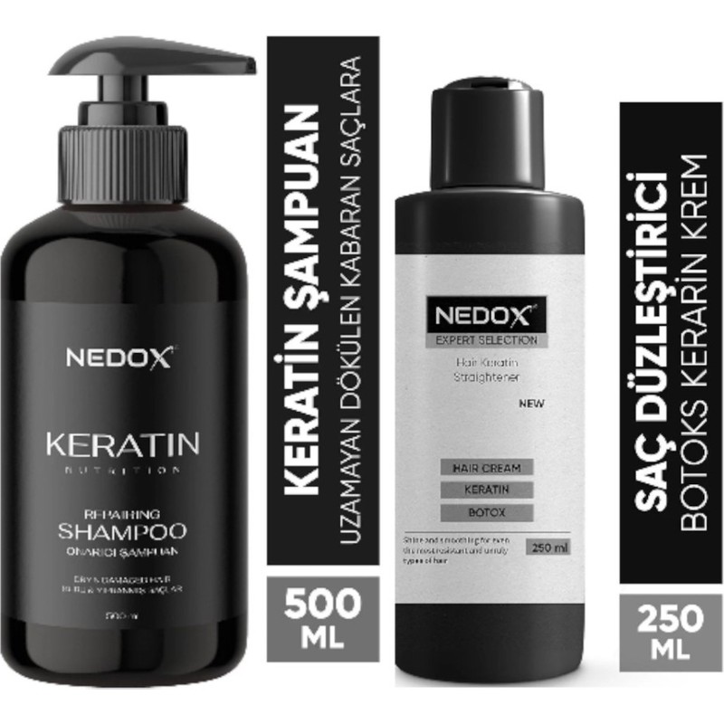 NEDOX Keratinli Saç Bakım Şampuanı 500 ml + Saç Düzleştirici - Şekillendirici Keratin Botoks Krem 250 ml