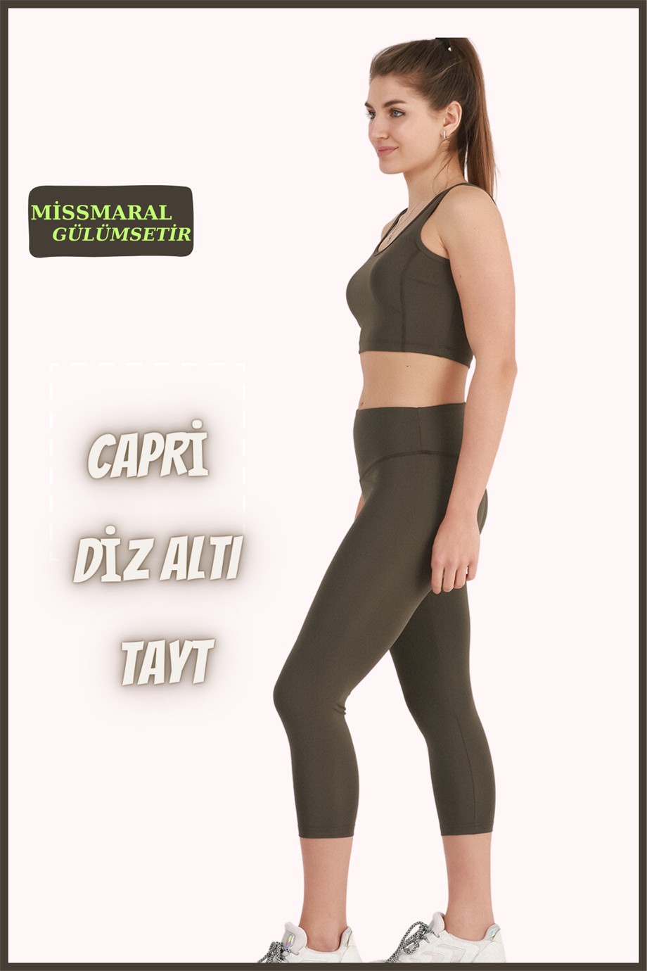 Miss Maral Kadın Tayt Haki Yeşil Diz Altı Kapri Yüksek Bel Dar Paça Karyoka Dikiş Detaylı Capri 1020 görsel 2