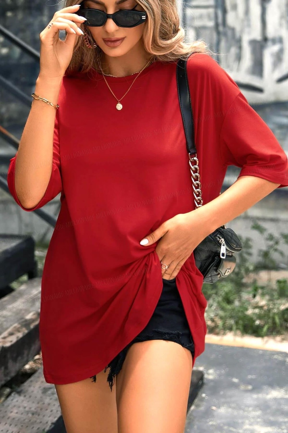 Millionaire Teenage Millionaire Kadın Bordo Oversize Truvakar Kol Basic T-Shirt İnce Kumaş Düz Tasarım