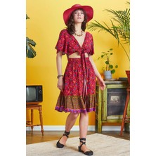 Los Banditos Cut Out Detaylı Volanlı Desenli Yarım Kol Bohem Elbise